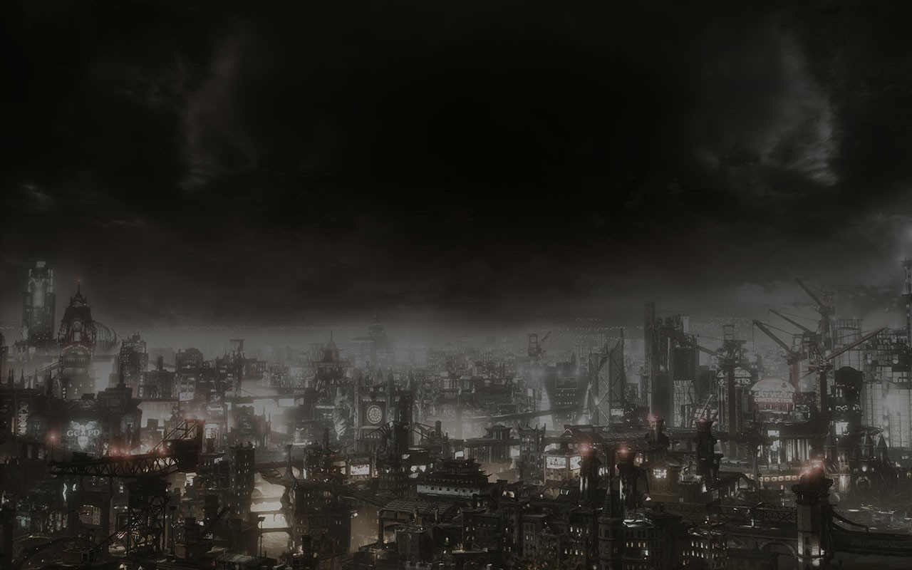 Gotham skyline under storm clouds