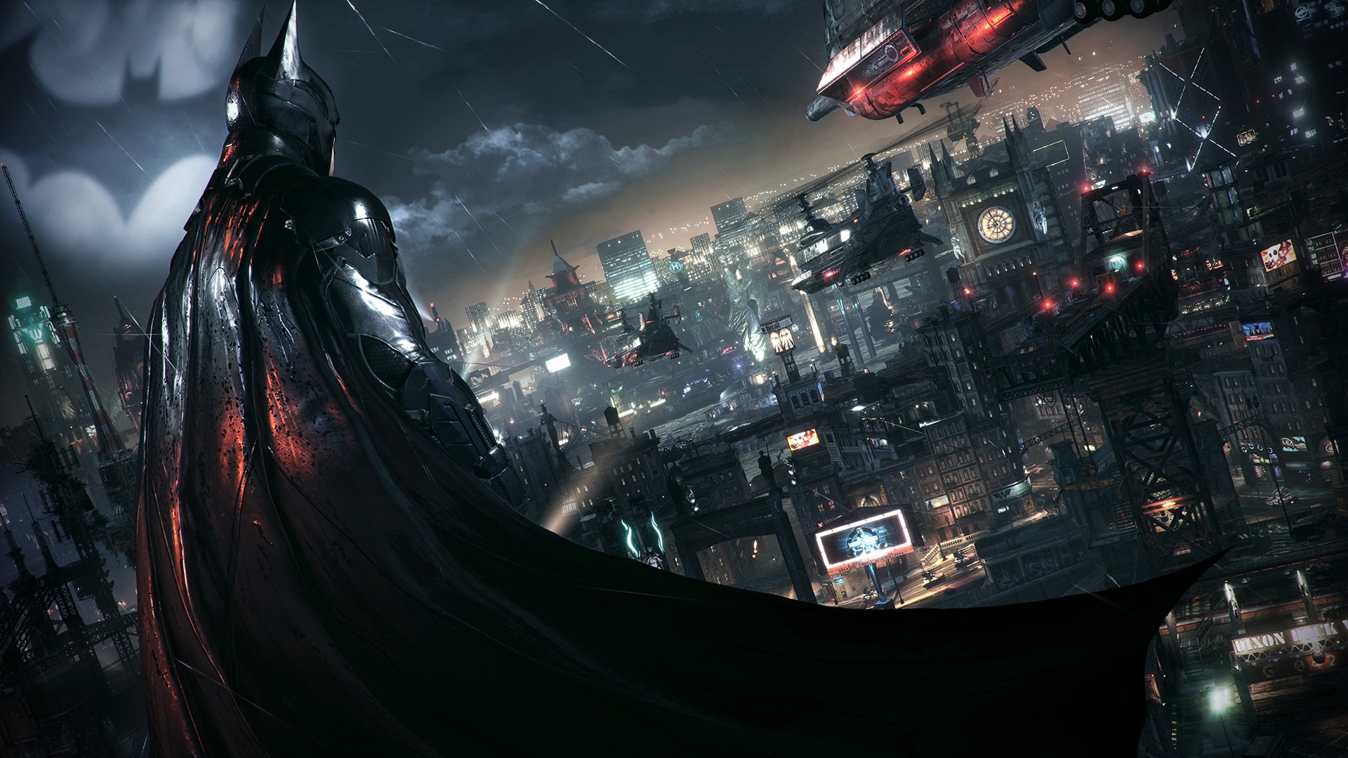 Batman overlooking Gotham City at night